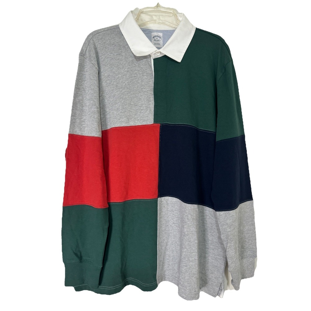 Mens‎ Brooks Brothers Cotton Color Block Rugby Gray Red Green Blue 2XL